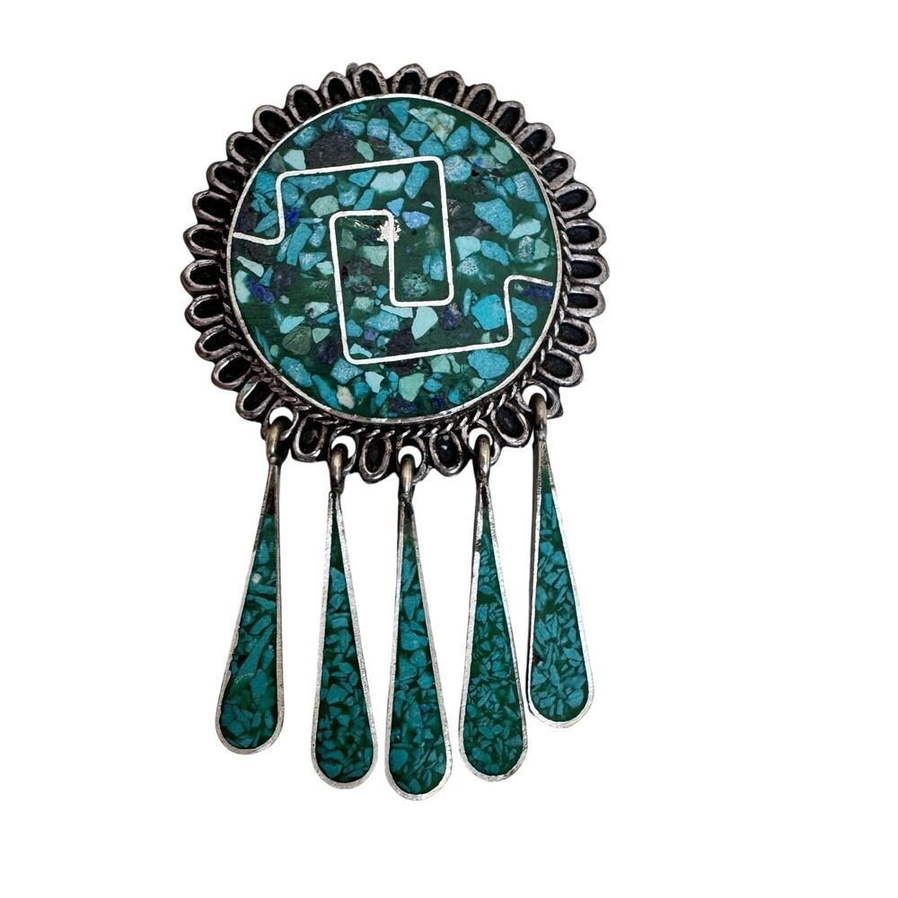 Vintage Mexican Alpaca Green Crushed Turquoise Dangle Brooch Pin Pendant